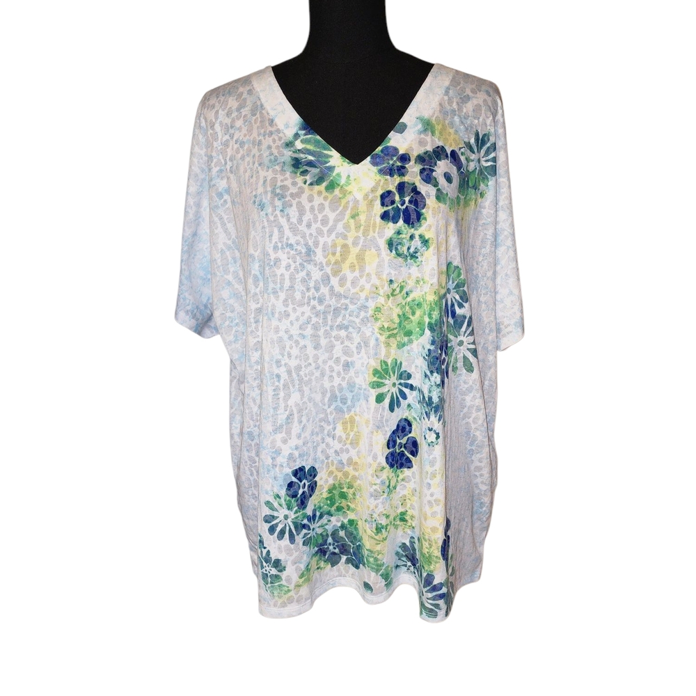 2/30 Chico's Floral V-Neck Women's Top - Blue and Green